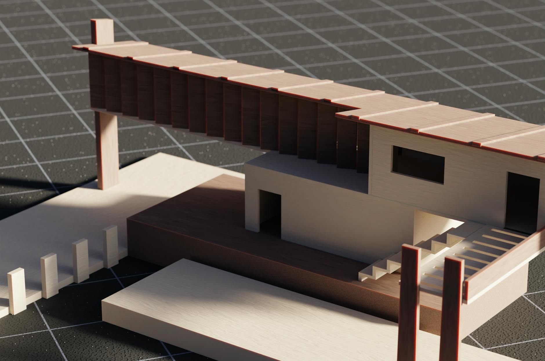 Makieta nowoczesnego budynku 3D z detalami na siatkowanej powierzchni