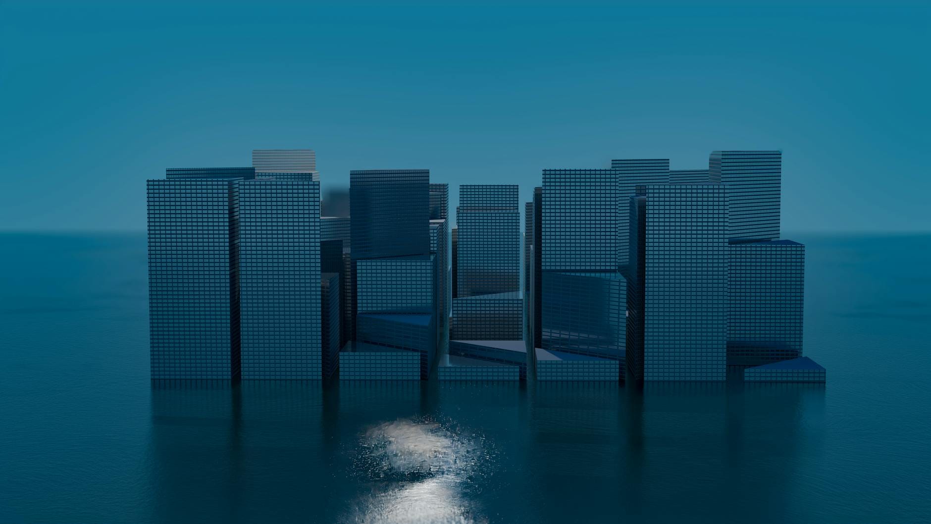 Parametryczna wizualizacja futurystycznego miasta z wieżowcami w wodzie