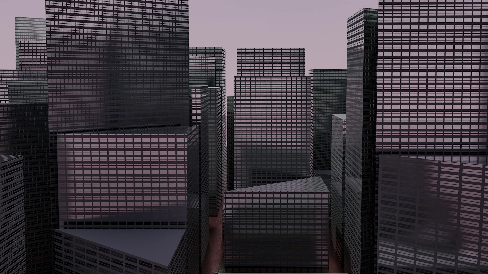 Parametryczna wizualizacja futurystycznego miasta z wieżowcami o zmierzchu