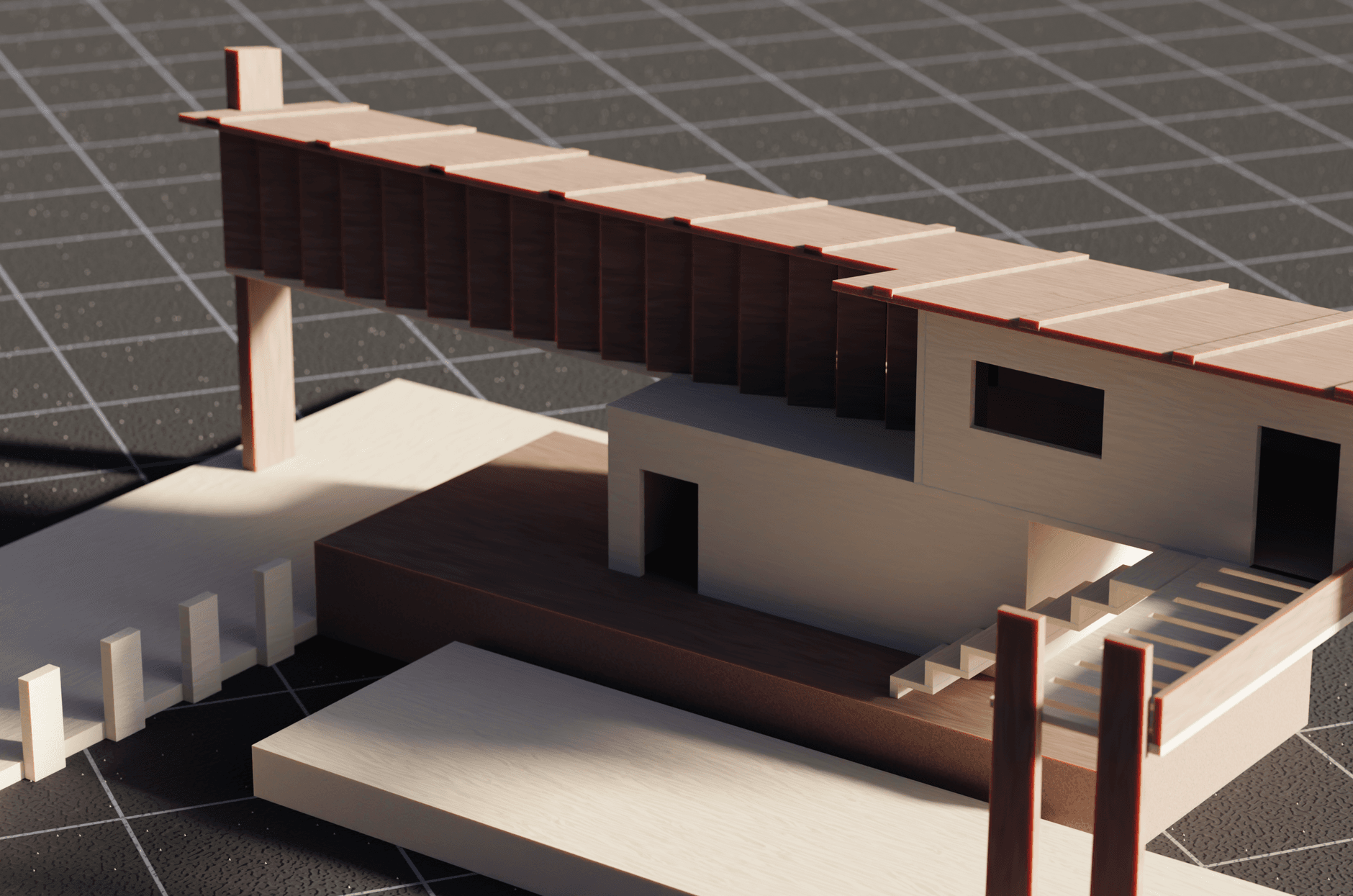 Makieta nowoczesnego budynku 3D na siatce w procesie inwestycyjnym